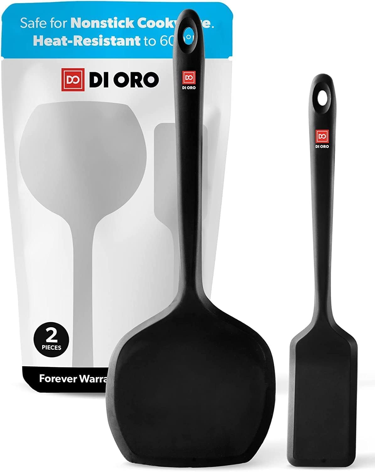 DI ORO silicone turner set flips fluffy pancakes on nonstick cookware.