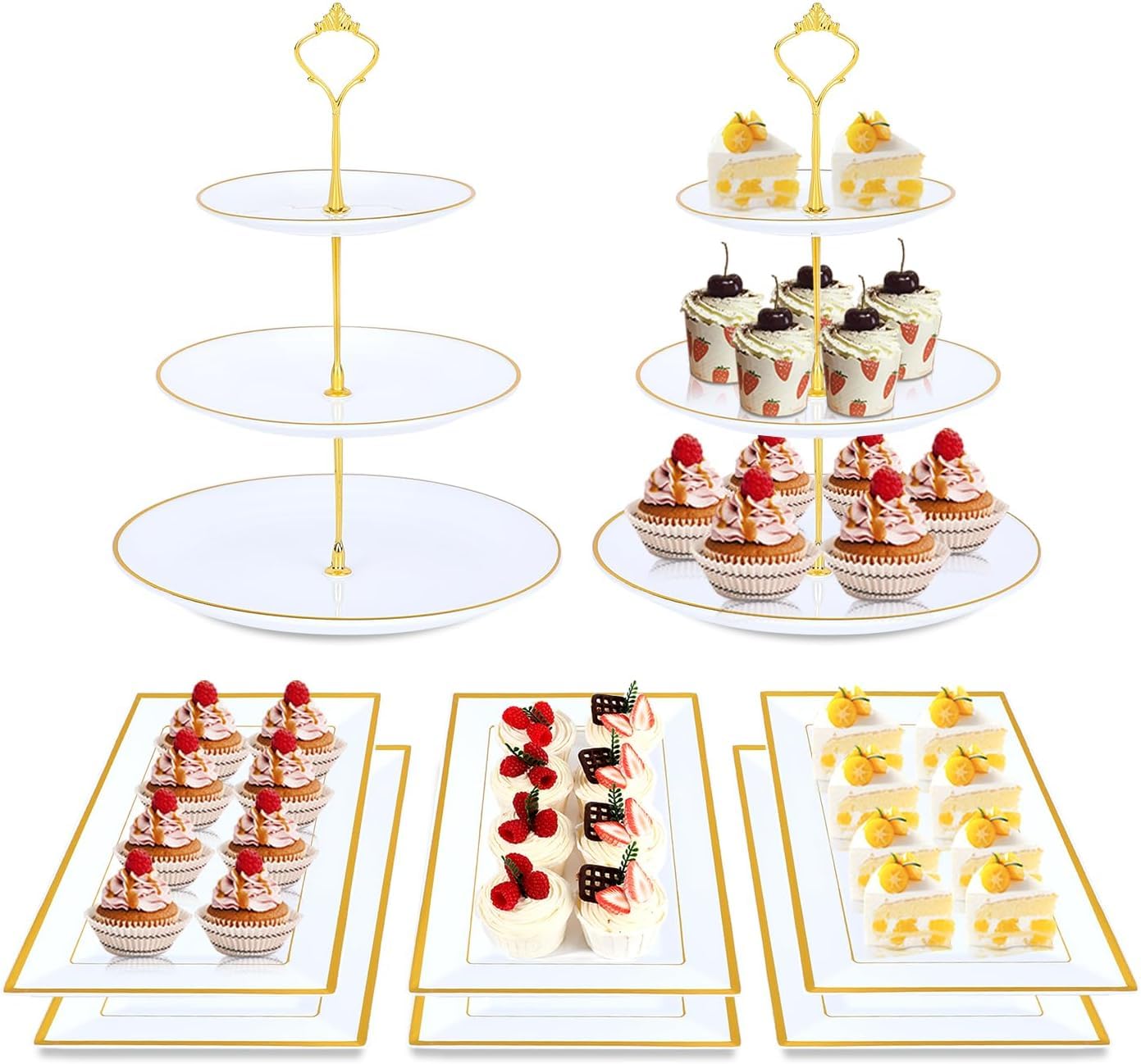 DI QIU REN 8PCS cake stand set with gold rim displaying cupcakes at a wedding