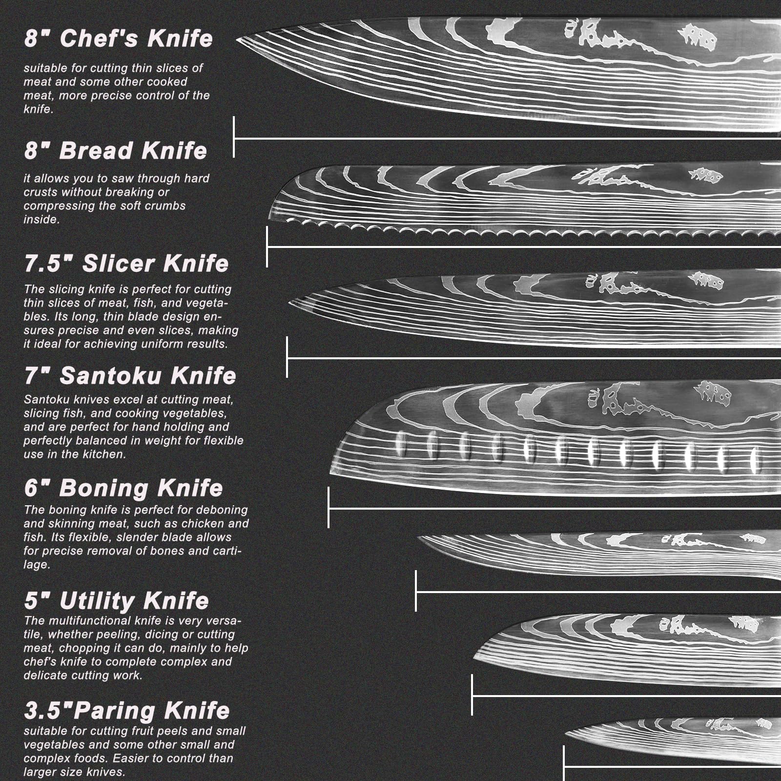 Diagsh 7-piece knife set boning knife: cleanly separate meat from bone.