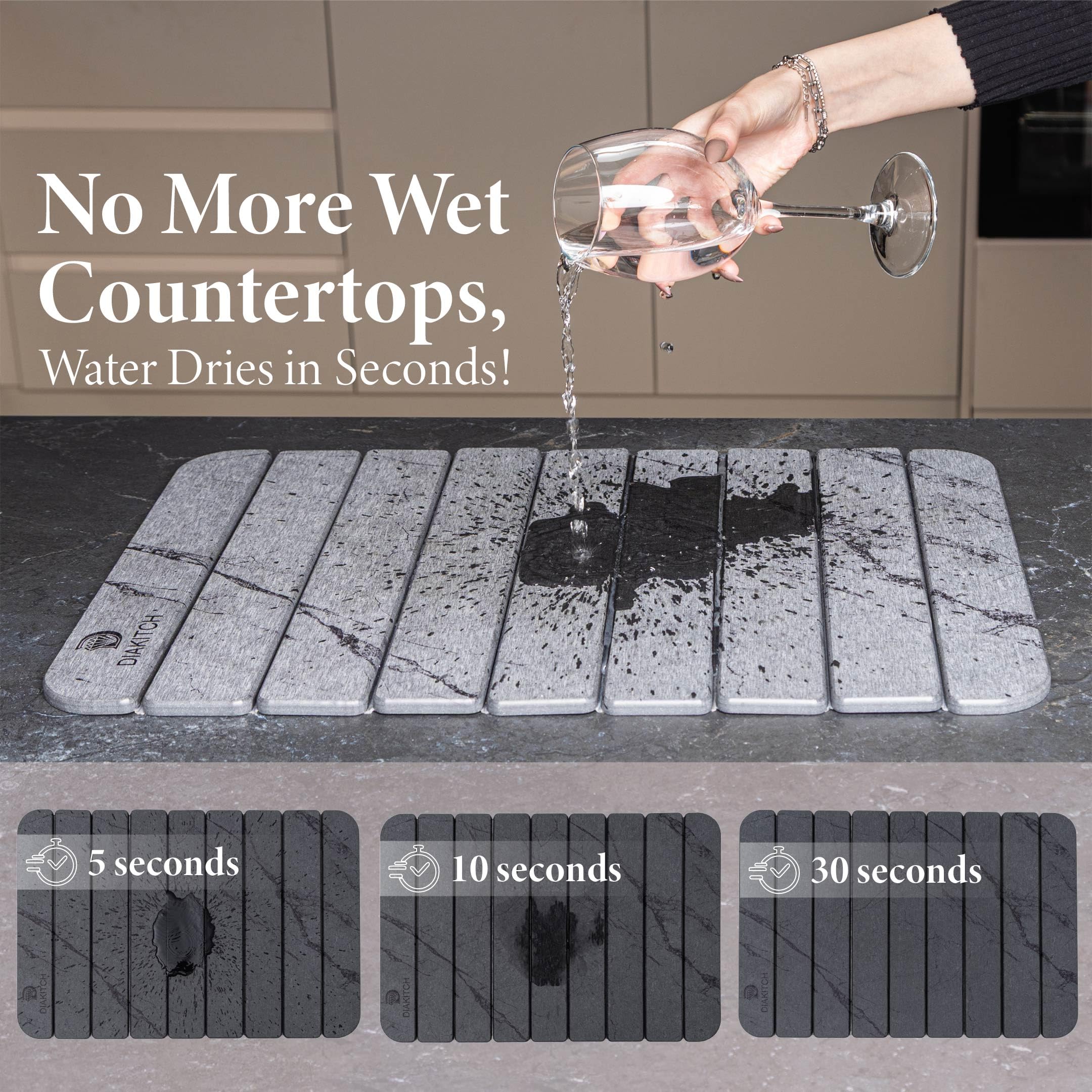 Diakitch stone drying mat includes sanding paper for effortless surface refresh.