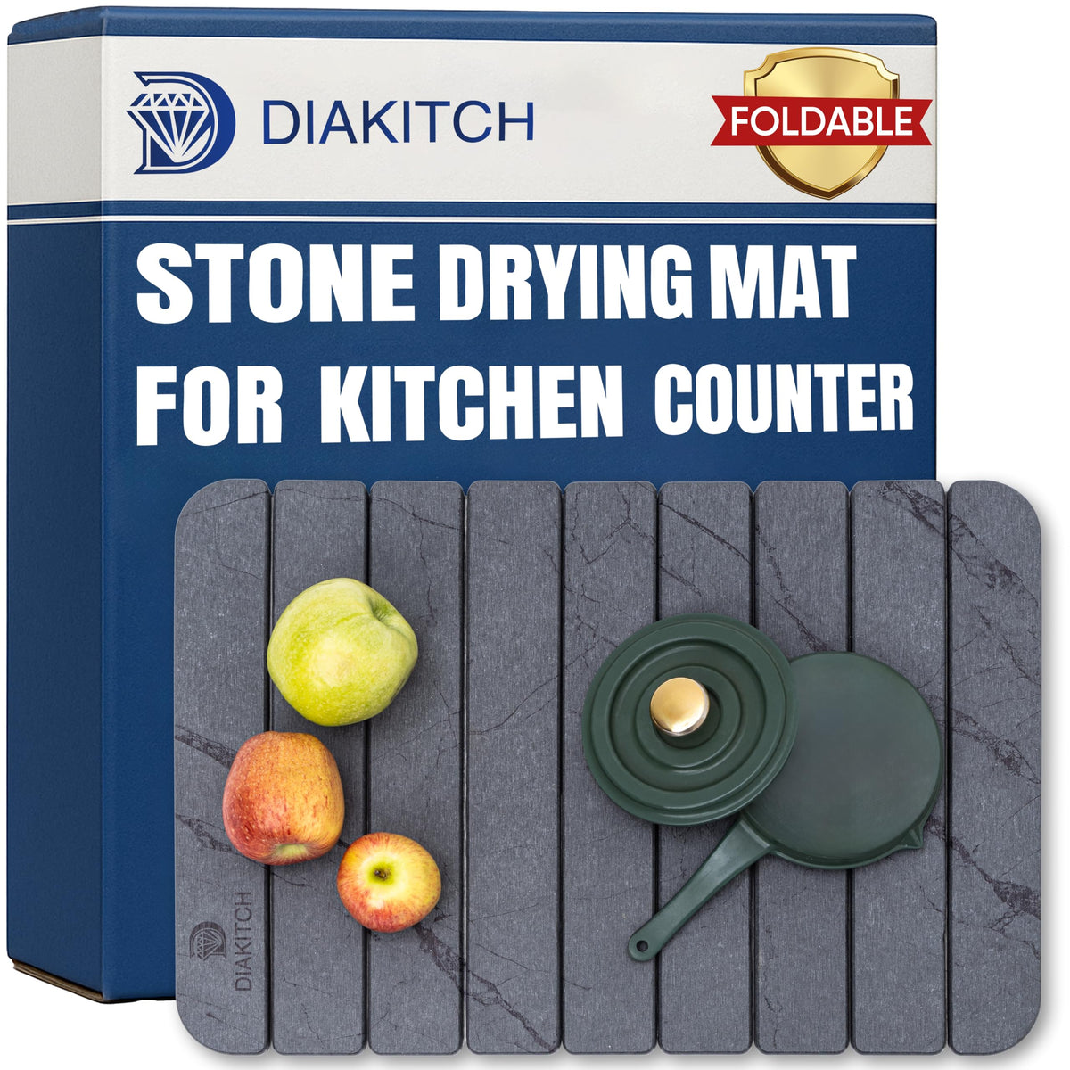Diakitch stone drying mat on marble surface for quick counter drying and space saving.