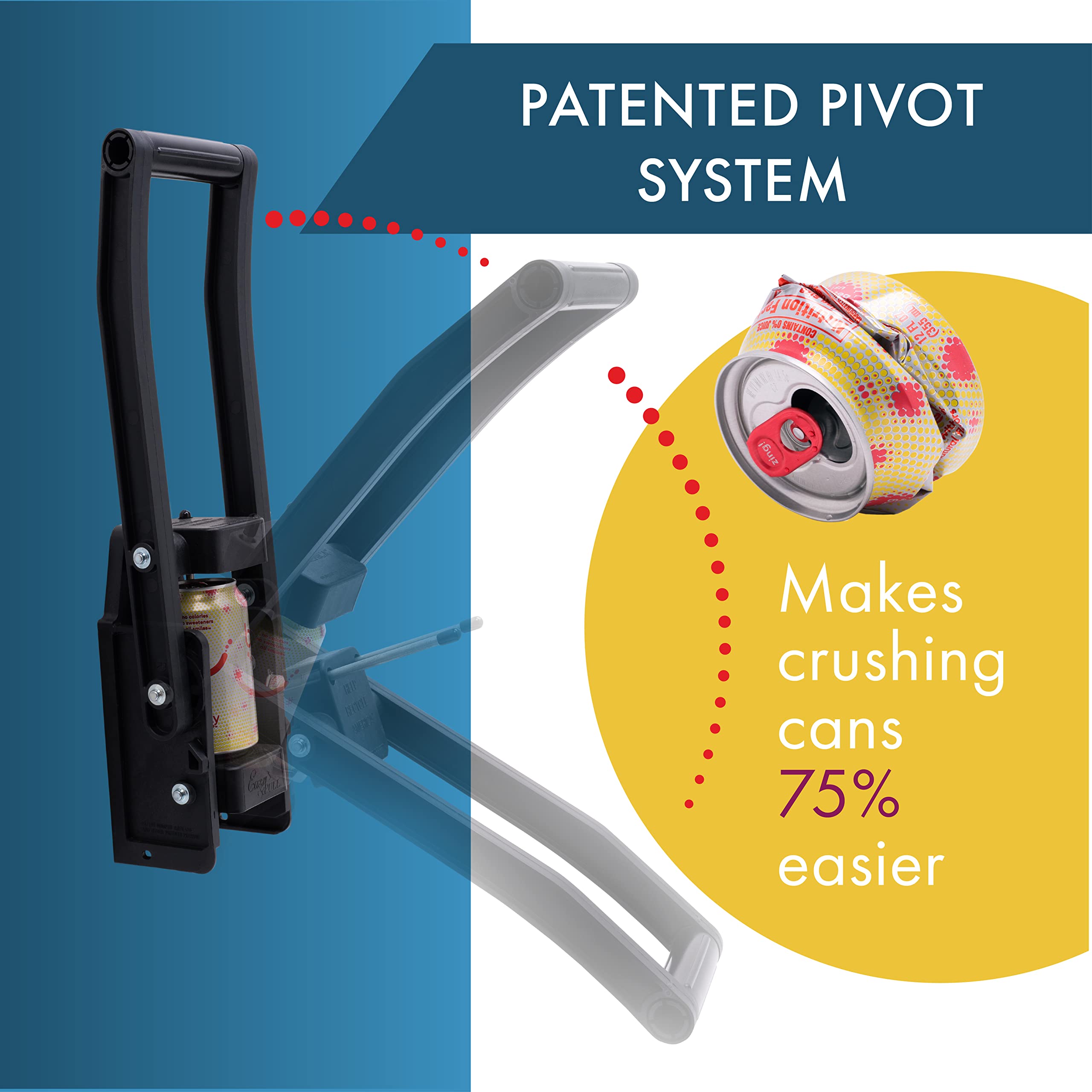 Dial Industries Easy Pull wall-mounted can crusher auto-dispensing mechanism in action.