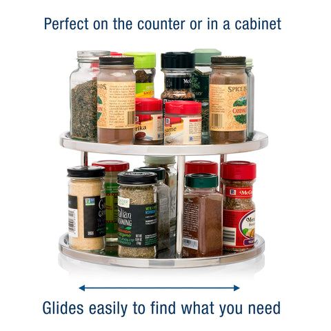 Dial Industries Lazy Susan on pantry shelf keeps spices neatly organized and reachable