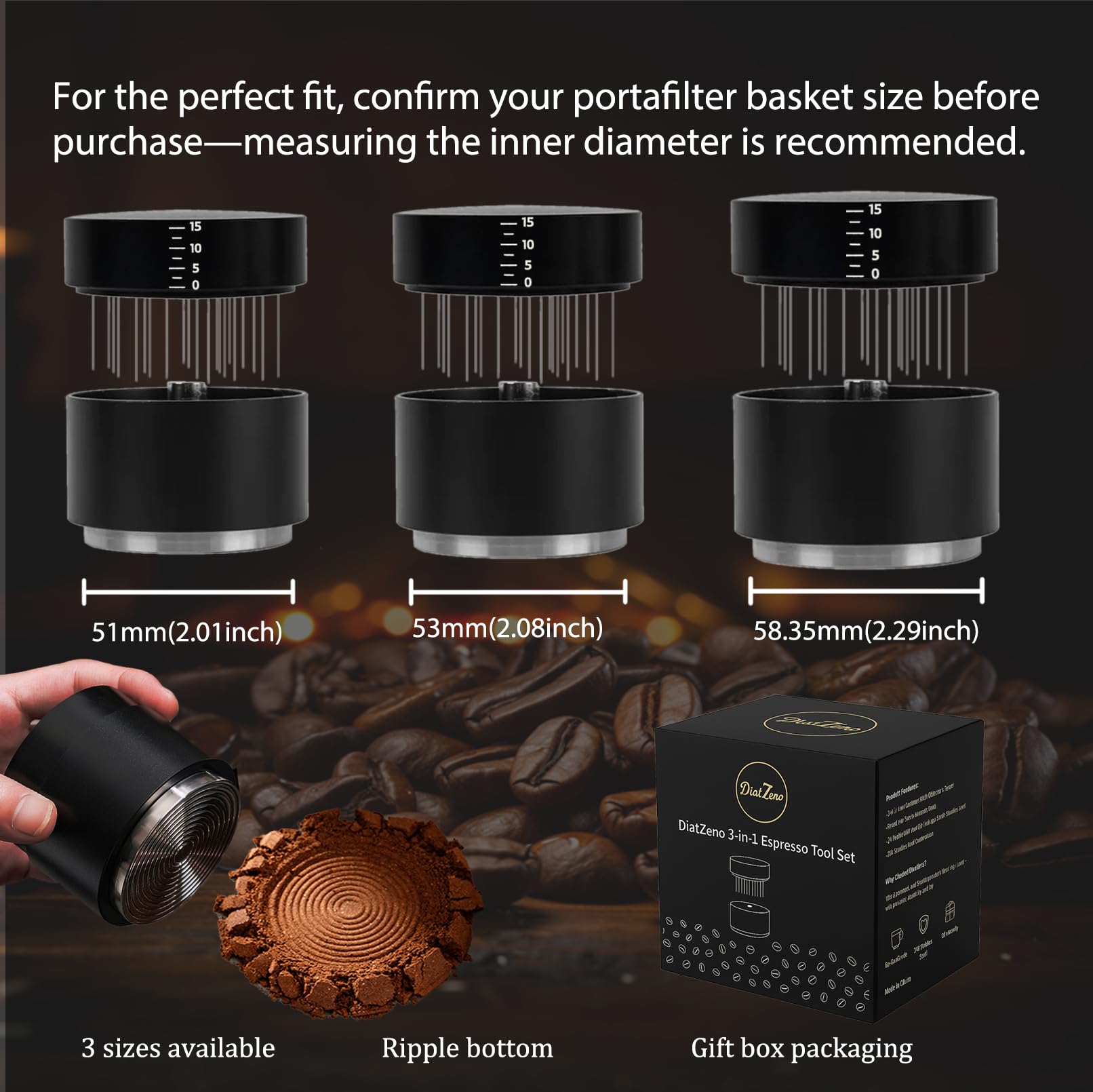 DiatZeno tool fits 51–58.35mm portafilters for versatile home use.