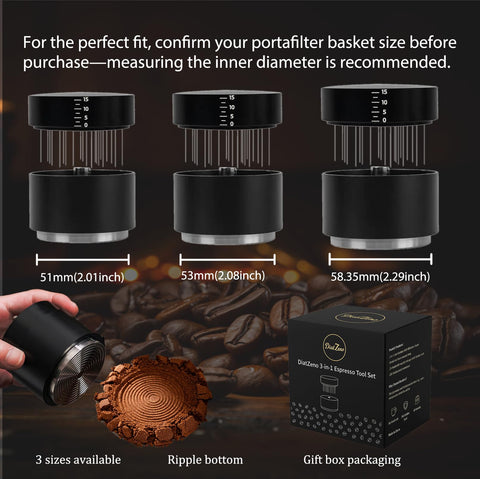 DiatZeno tool fits 51–58.35mm portafilters for versatile home use.