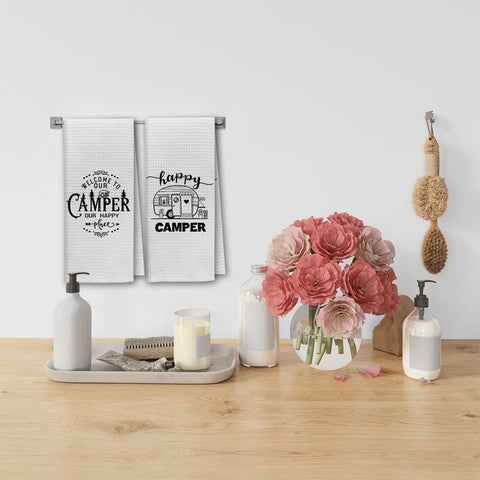Dibor Happy Camper towel displays a 16x24 inch size ideal for kitchen use.
