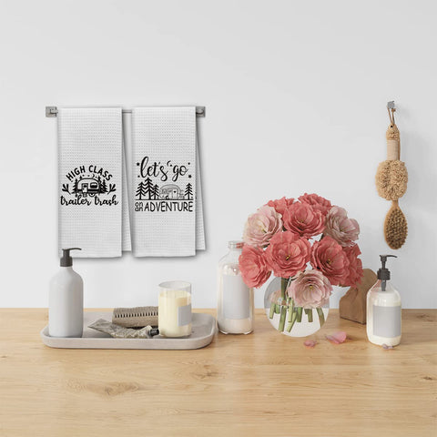 Dibor Happy Camper towels decorative display suitable for cabin or RV interiors.