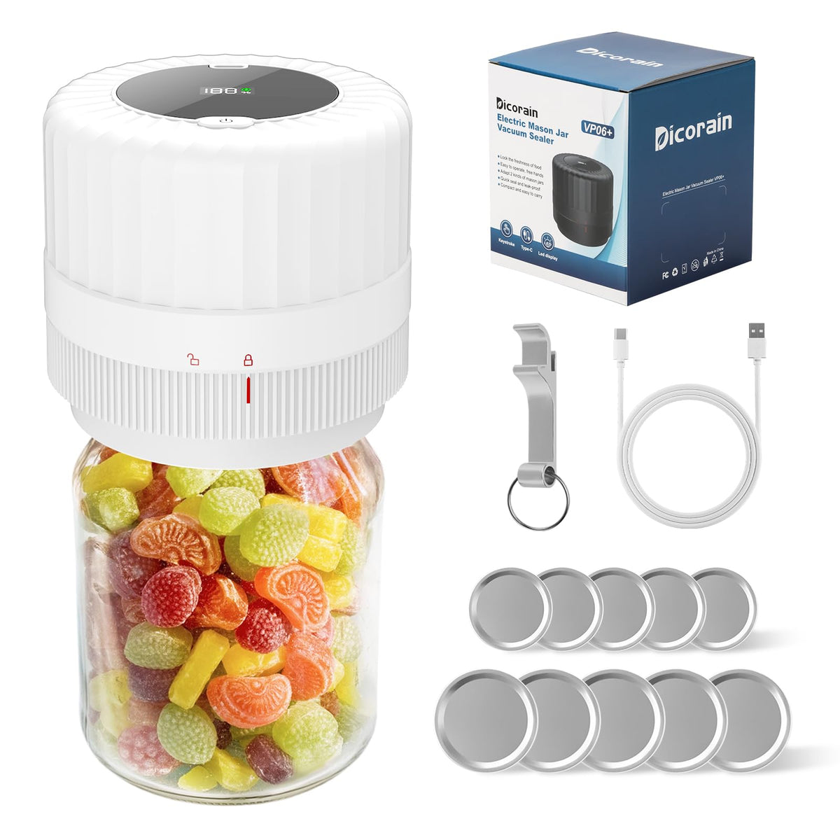 Dicorain VP06+ compact mason jar sealer front view with space-saving design.