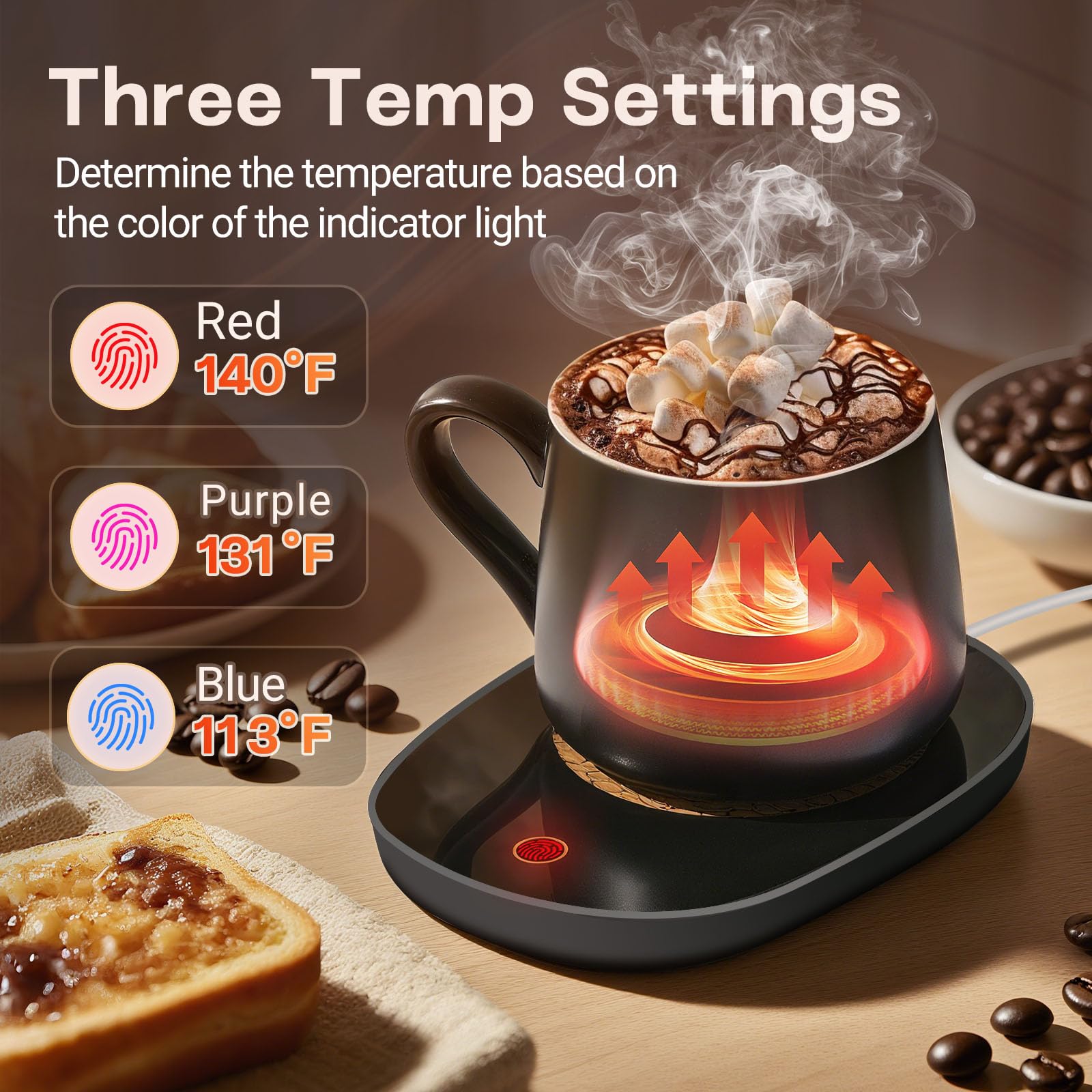 Dicross mug warmer shows three temperature settings for customizable warmth