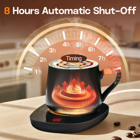 Dicross coffee mug warmer with eight-hour auto shutoff for safe use