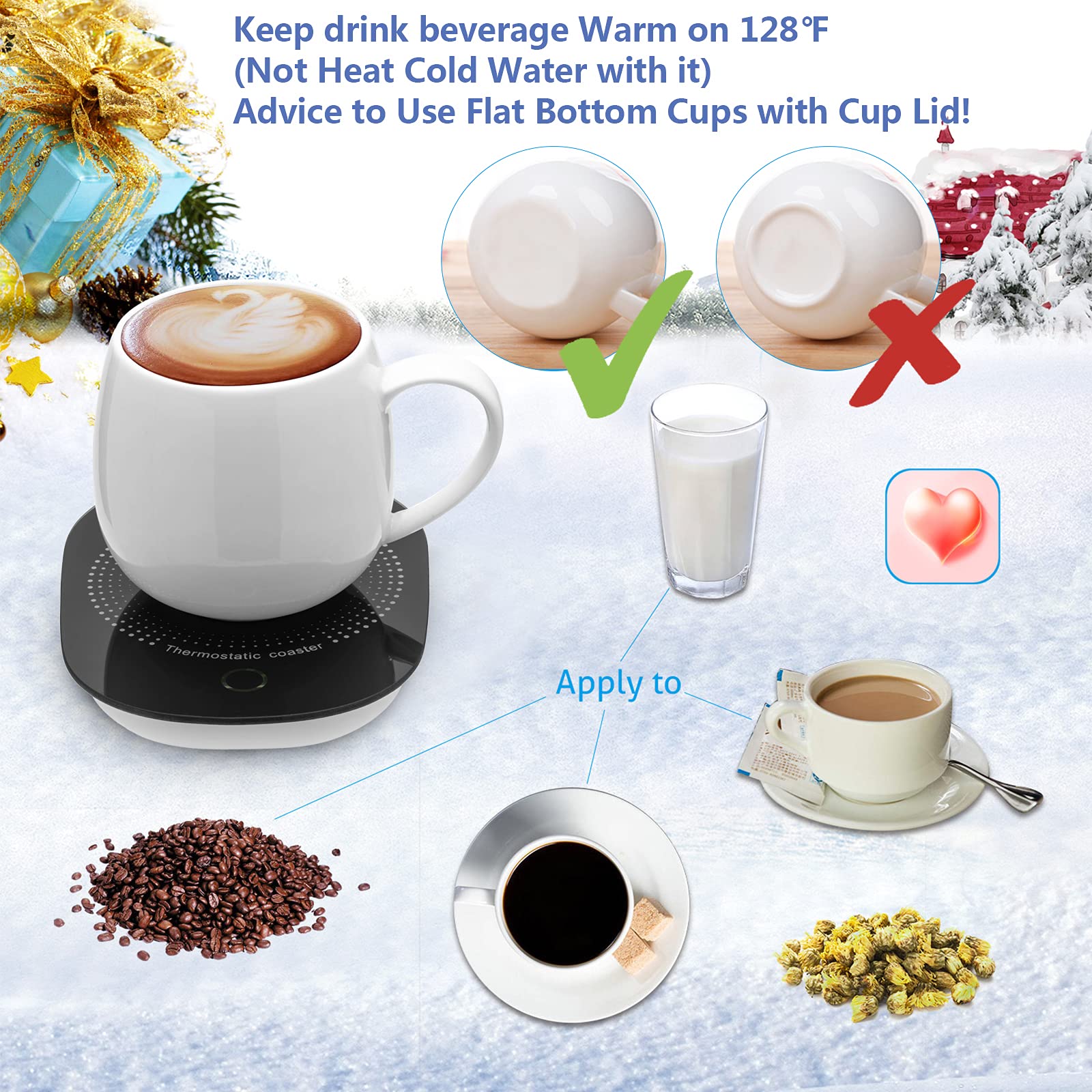 Dicross mug warmer supports flat-bottom mugs for efficient heat transfer