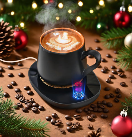Dicross coffee mug warmer on a desk keeps hot beverage within reach for better focus