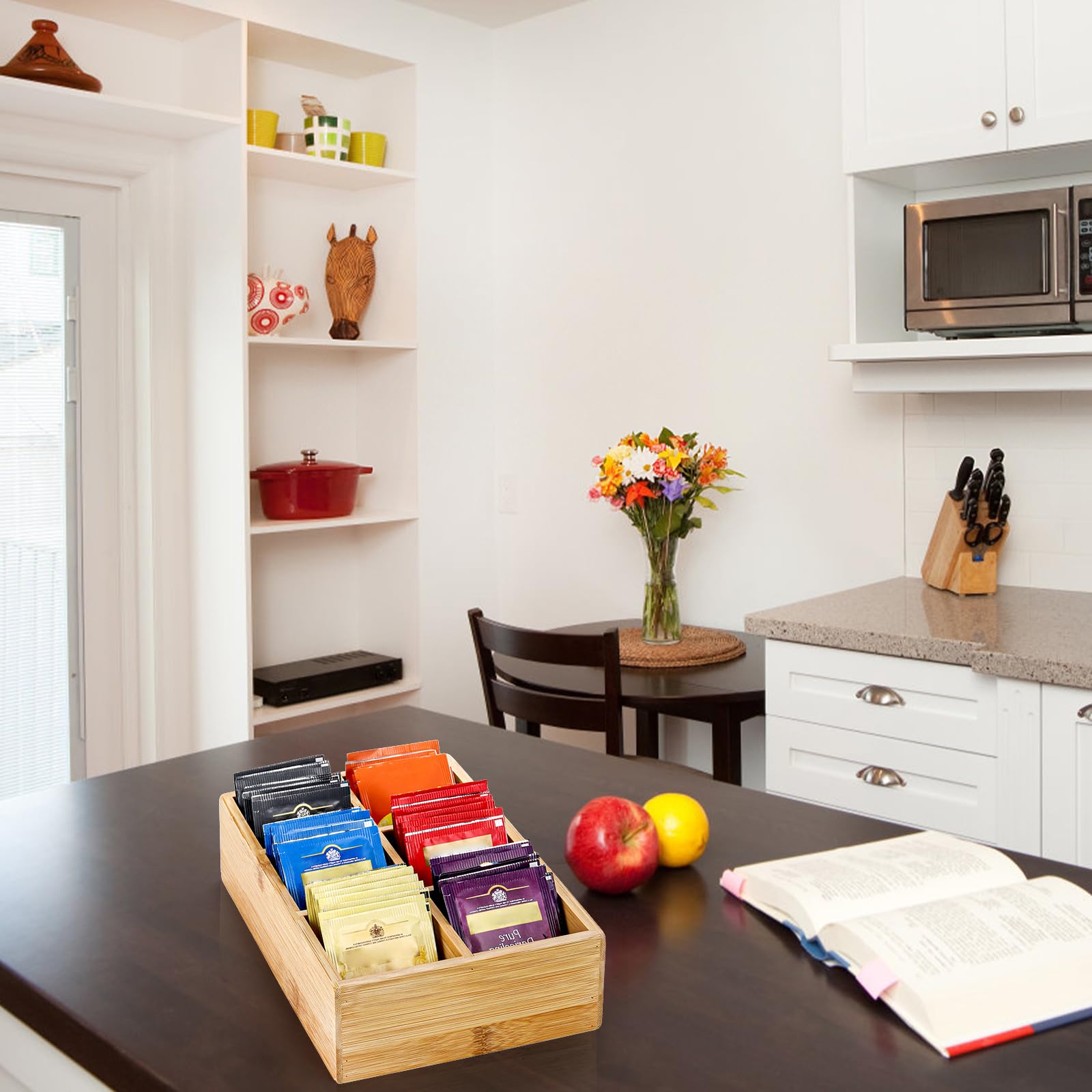 Dicunoy bamboo tea bag box top view showing deep compartments for upright bags.