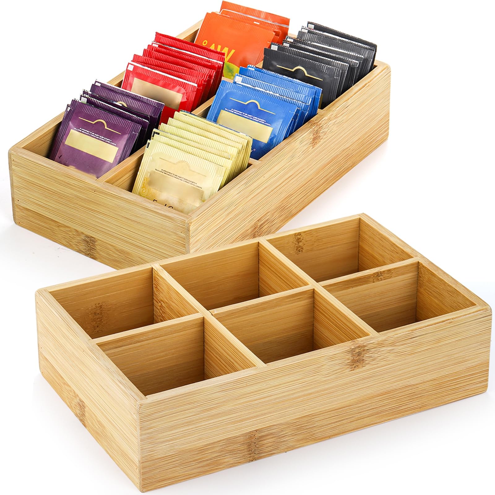 Dicunoy bamboo tea bag organizer with six compartments for tidy counter storage.