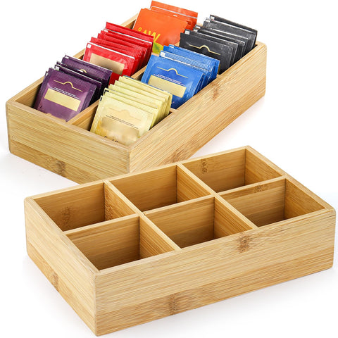 Dicunoy bamboo tea bag organizer with six compartments for tidy counter storage.