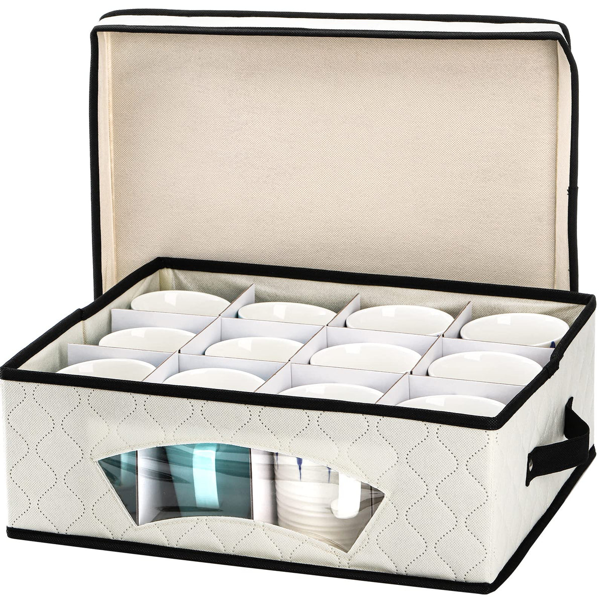 Dicunoy mug storage box holding 12 cups, organized and protected.