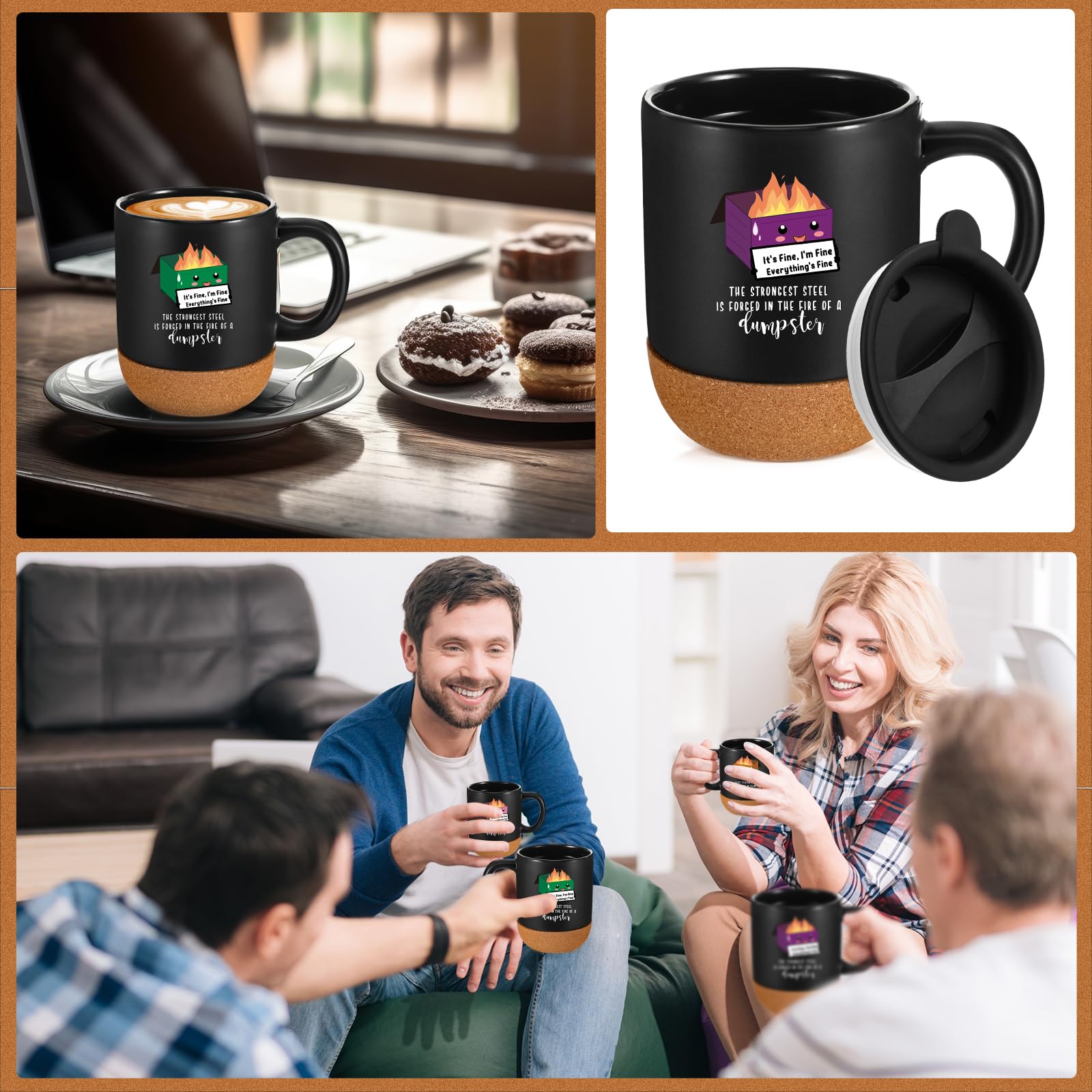 Didaey black ceramic mug with dumpster fire design for playful desk vibes