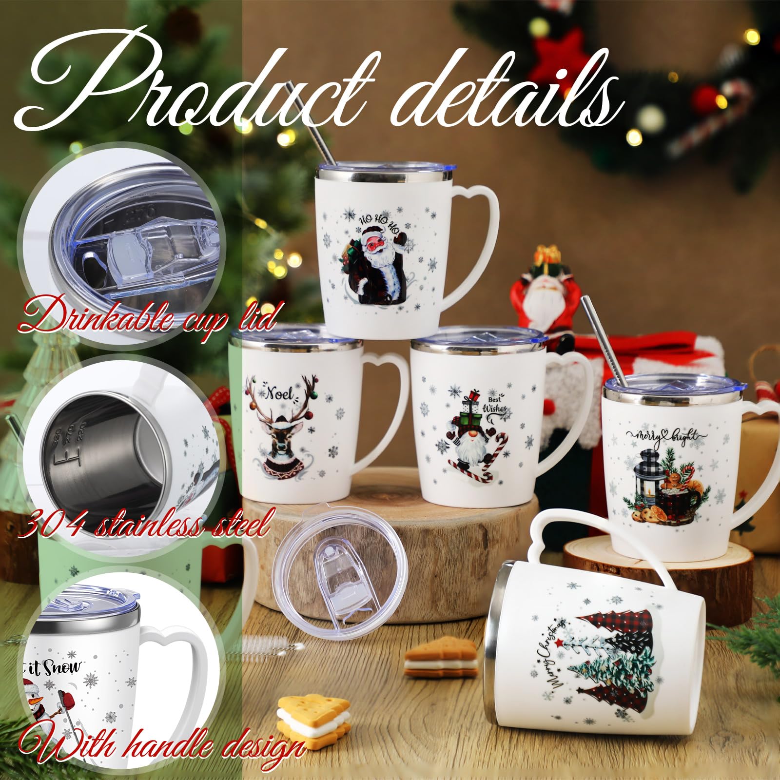 Didaey Santa and reindeer mug with lid and straw for party sipping.