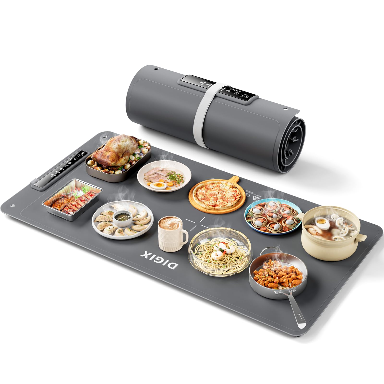 DIGIX XXL warming mat on banquet table with multiple platters maintaining warm dishes.
