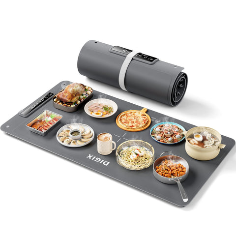 DIGIX XXL warming mat on banquet table with multiple platters maintaining warm dishes.