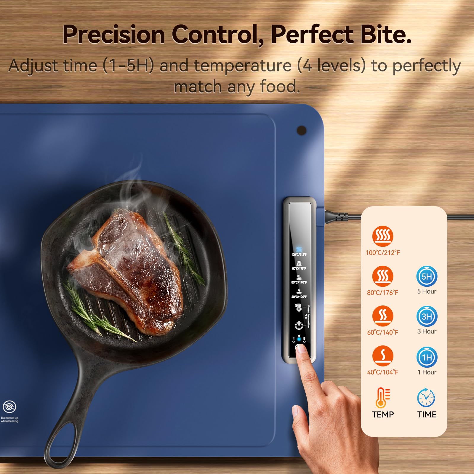Timer presets on DIGIX warming mat: 1H, 3H, 5H for catering