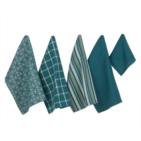 DII assorted woven kitchen set dishtowels in teal show pattern variety and absorbency.