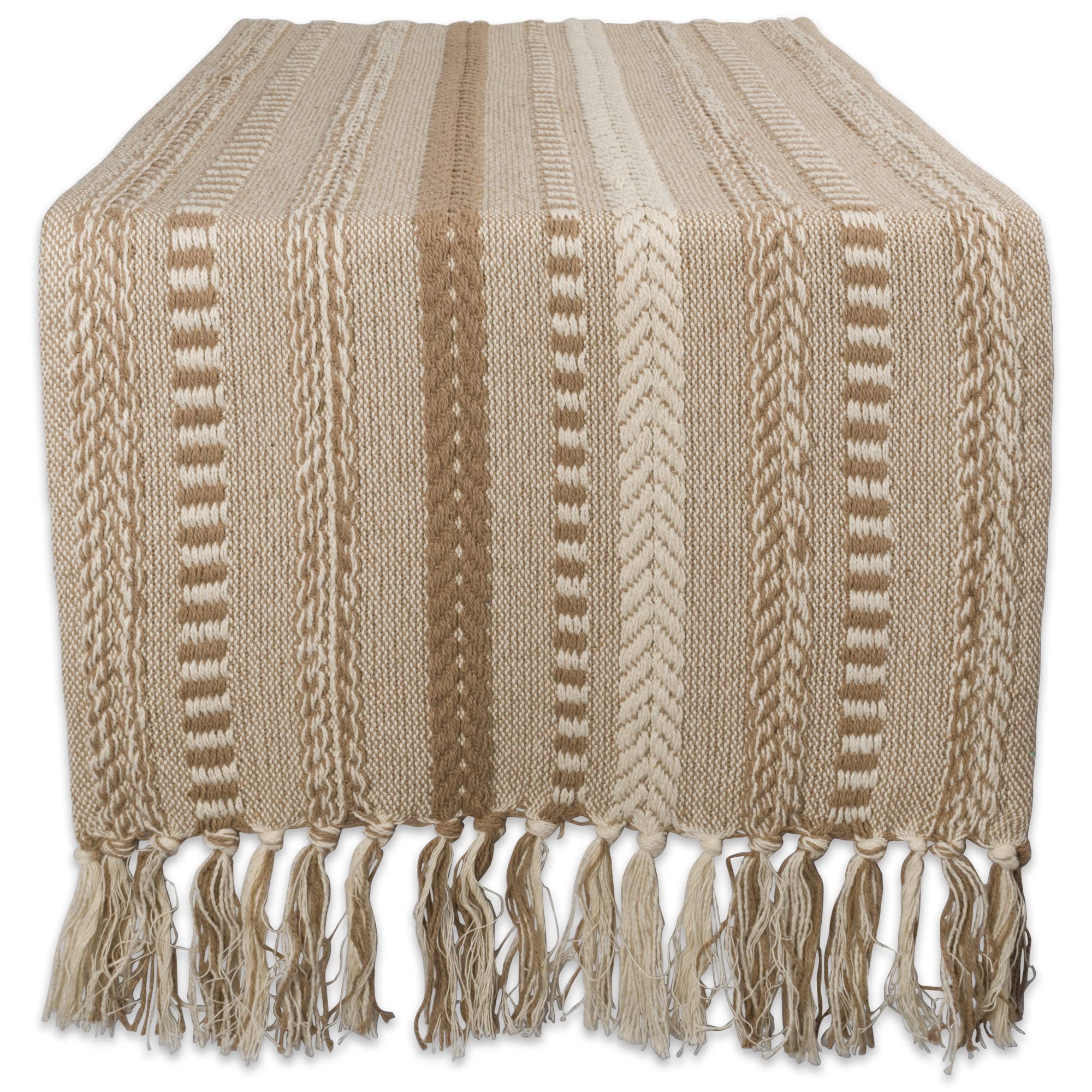 DII Farmhouse Braided Stripe Table Runner in stone adds textured elegance to dining tables