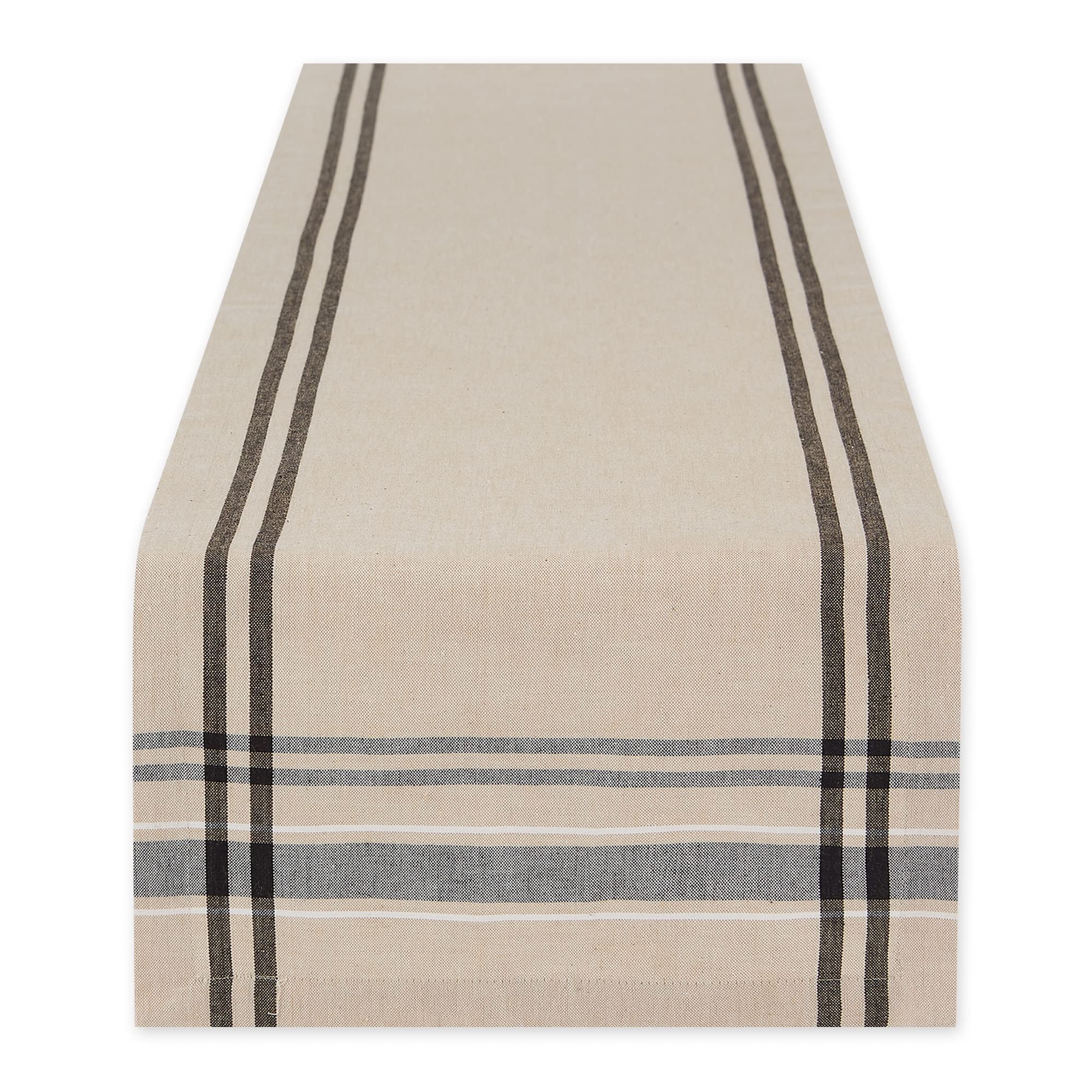 DII French Stripe Table Runner in taupe and black enhances elegant dining.
