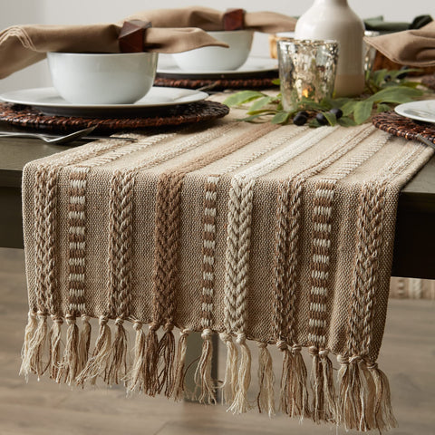 DII fringe-edged runner adds a relaxed, artisanal touch to dining setups