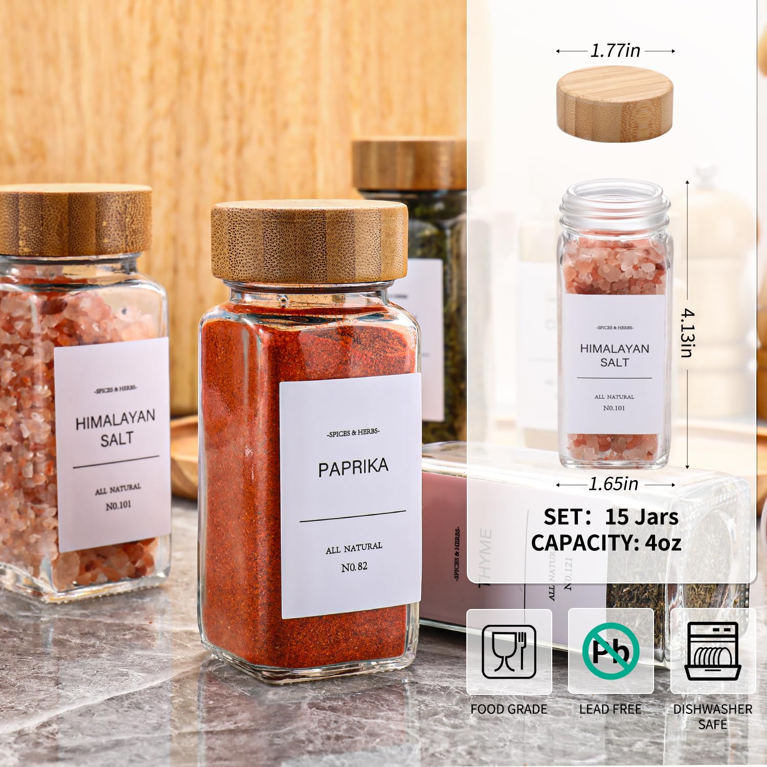 DIMBRAH clear glass jars with shaker lids provide easy, precise spice dosing.