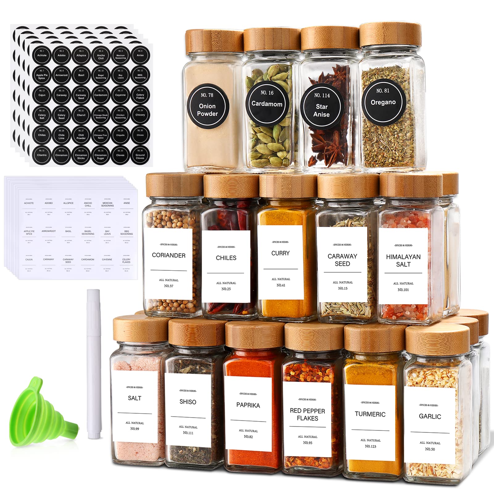 DIMBRAH 4oz glass spice jars with bamboo lids keep spices fresh and organized.