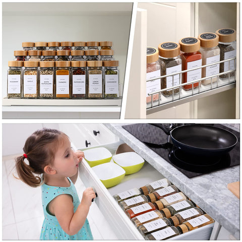 DIMBRAH 4 oz spice jars designed for compact, cabinet-friendly storage.