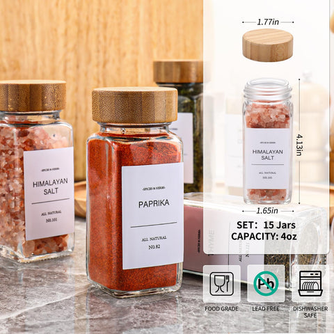 DIMBRAH spice jars double-lid system shows bamboo seal and inner shaker for freshness.
