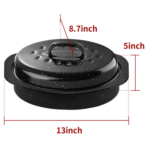 DIMESHY enamel-on-steel roaster highlights a non-stick surface and durability.