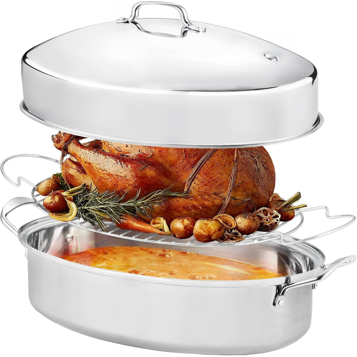 DIMESHY roasting pan with rack and lid for large meals, even heat.