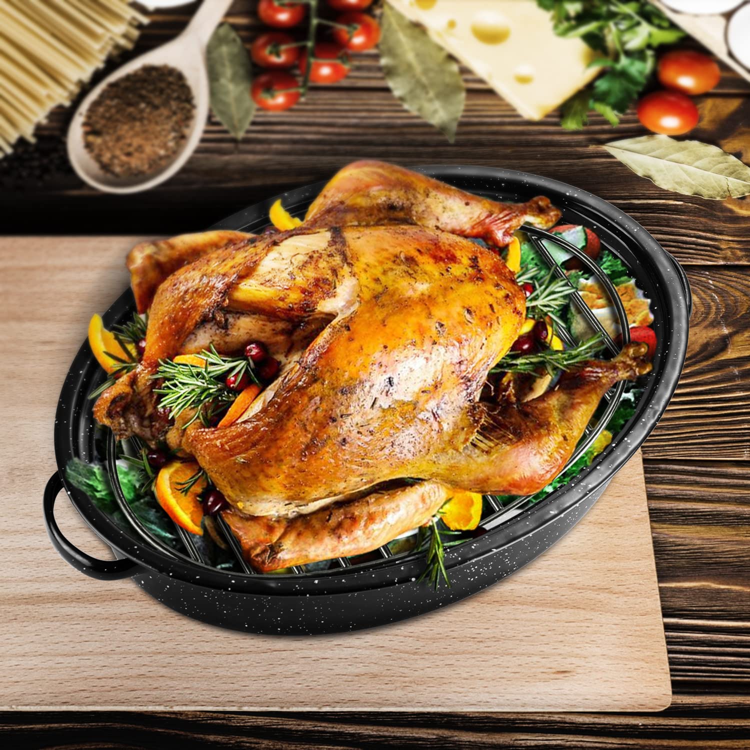 DIMESHY roasting rack with enamel finish provides a nonstick surface for easy cleanup.