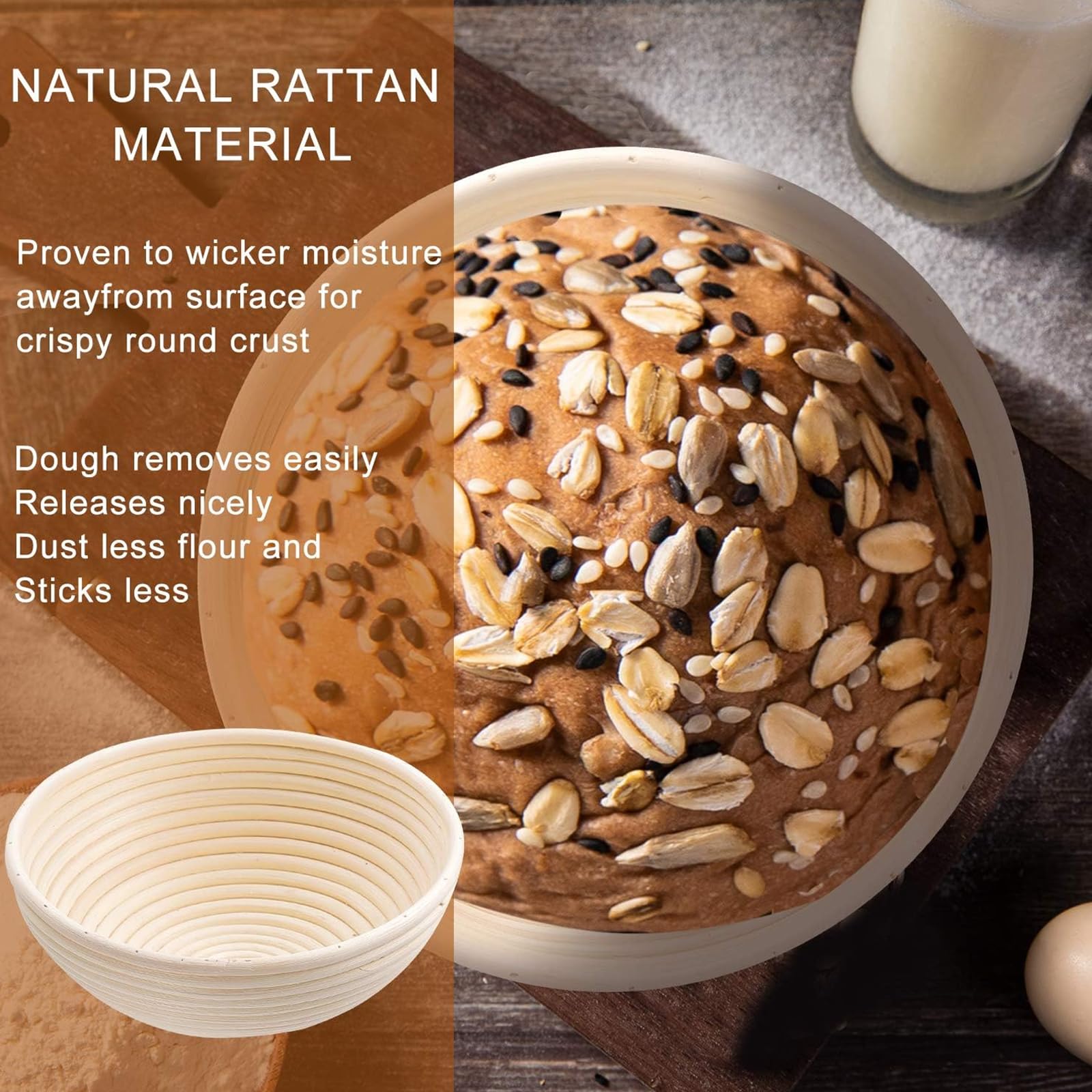 Dimpola Banneton round baskets show natural rattan material for airflow