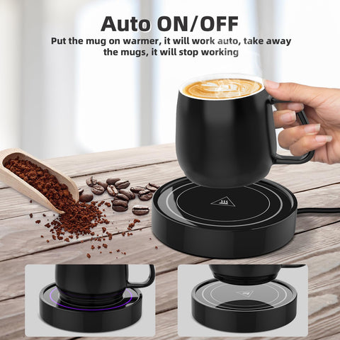 Dimux warming plate with flat-bottom mug for efficient heat transfer.