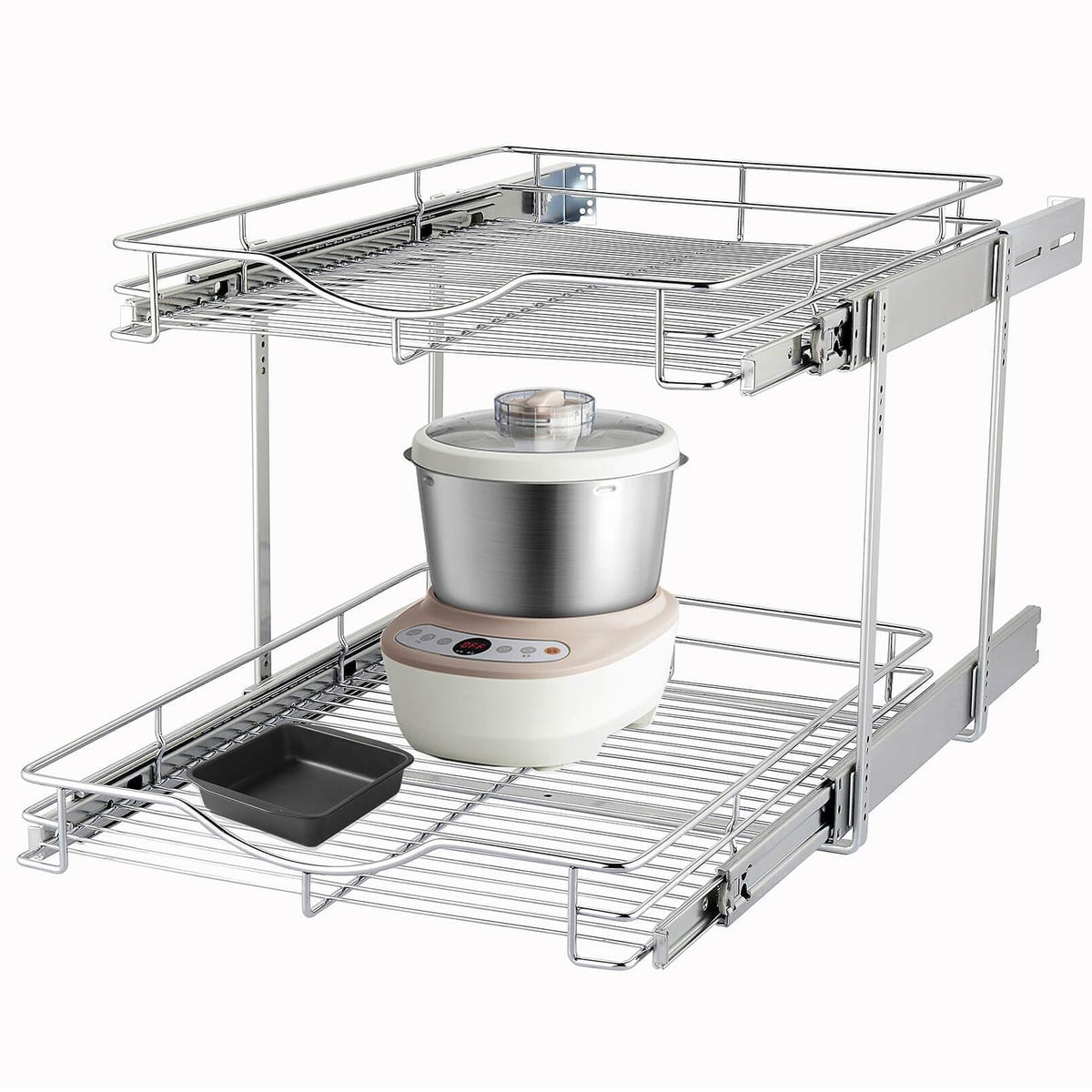 DINDON 2-tier pull-out cabinet organizer keeps pots within easy reach.