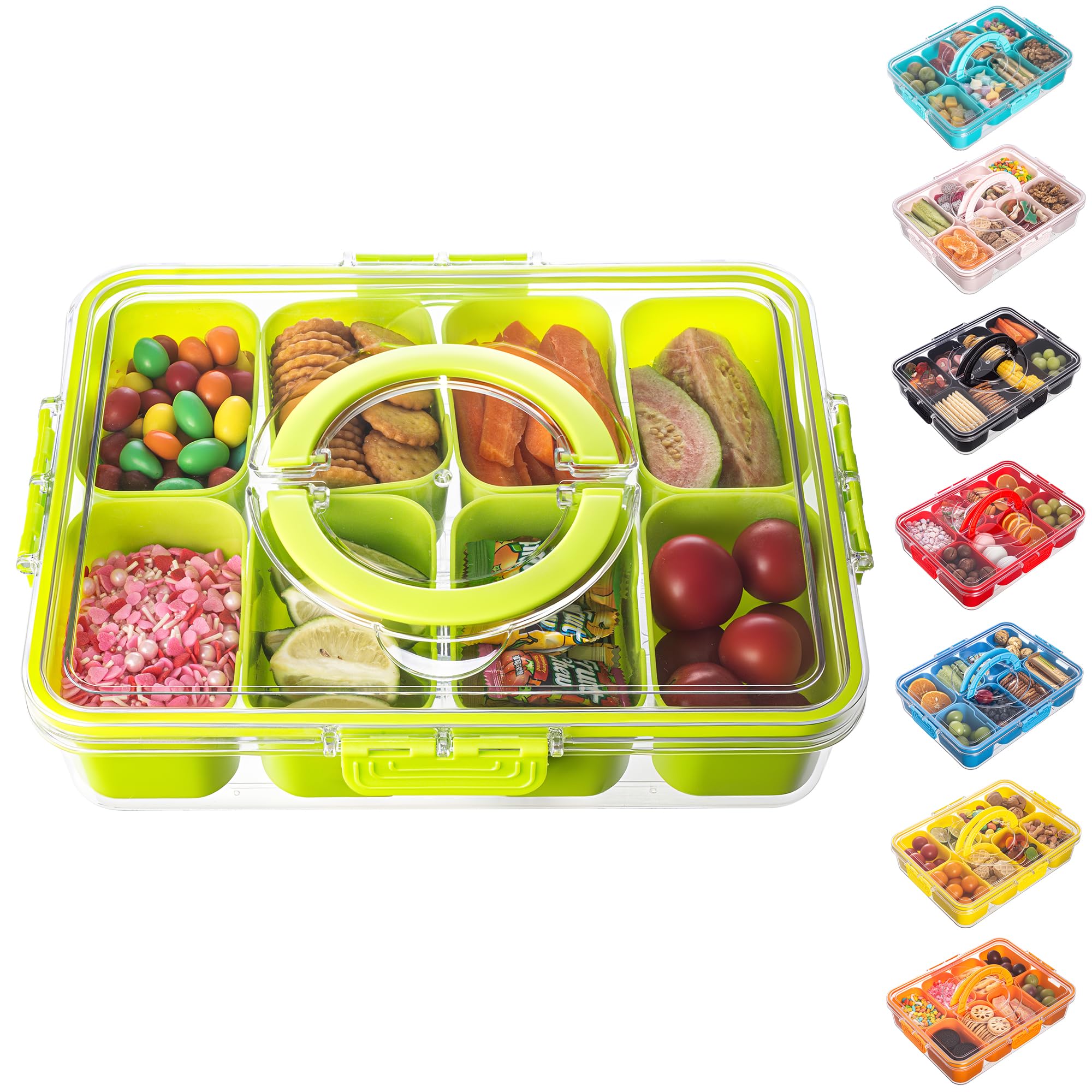 Dingerjar divided serving tray with lid and handle for organized snacks on the go.