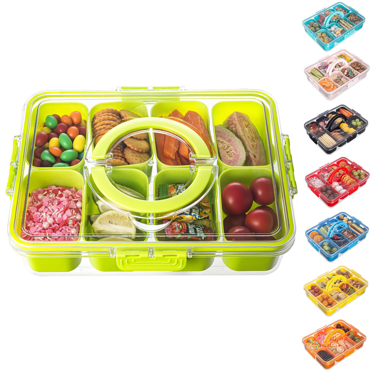 Dingerjar divided serving tray with lid and handle for organized snacks on the go.