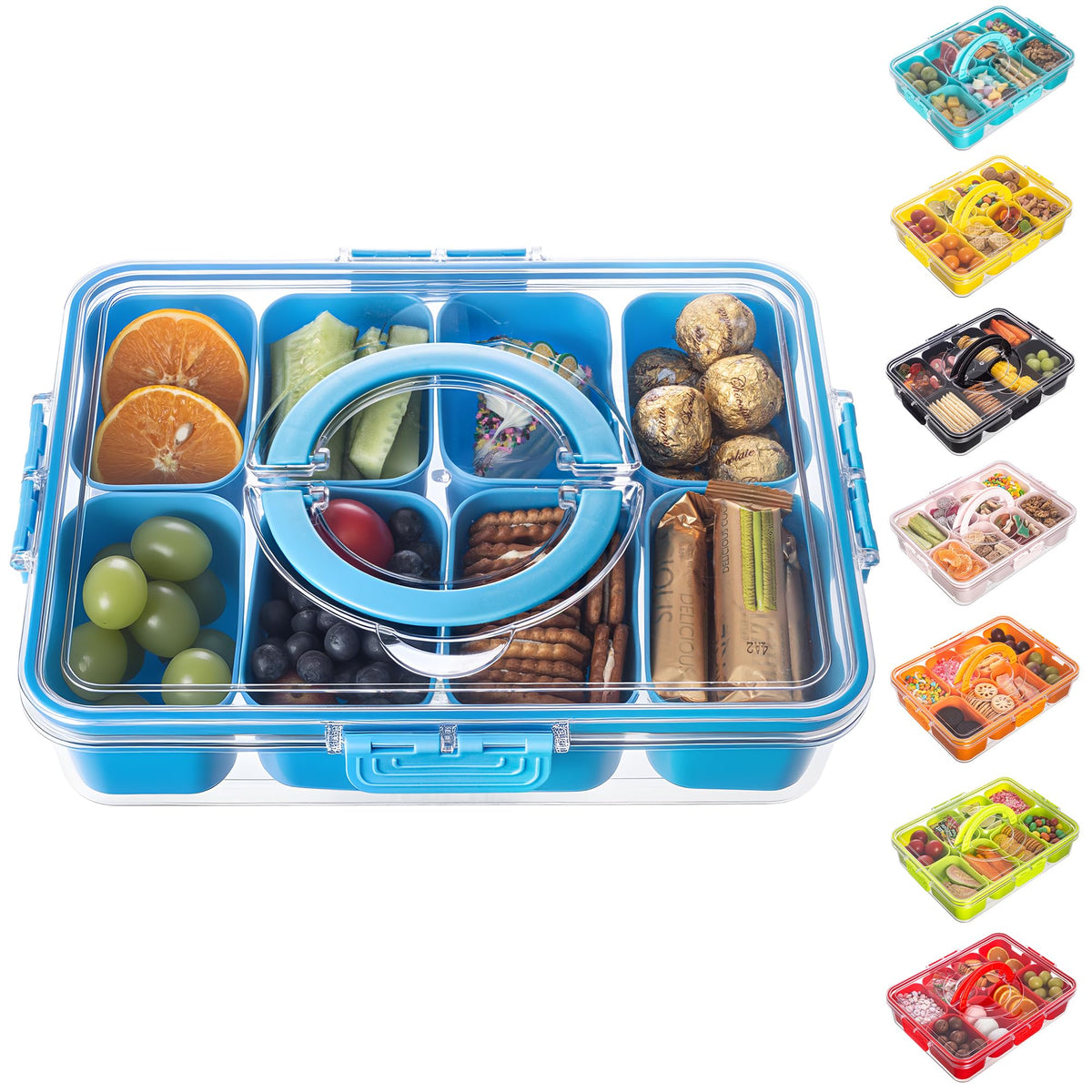 Dingerjar Snackle Box divided tray with lid in cerulean for organized on-the-go serving.