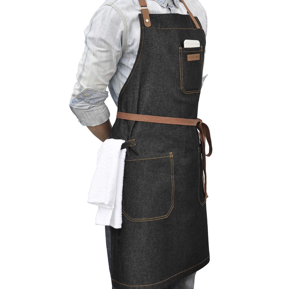 DingSay Trendy denim chef apron with dual pockets keeps tools organized
