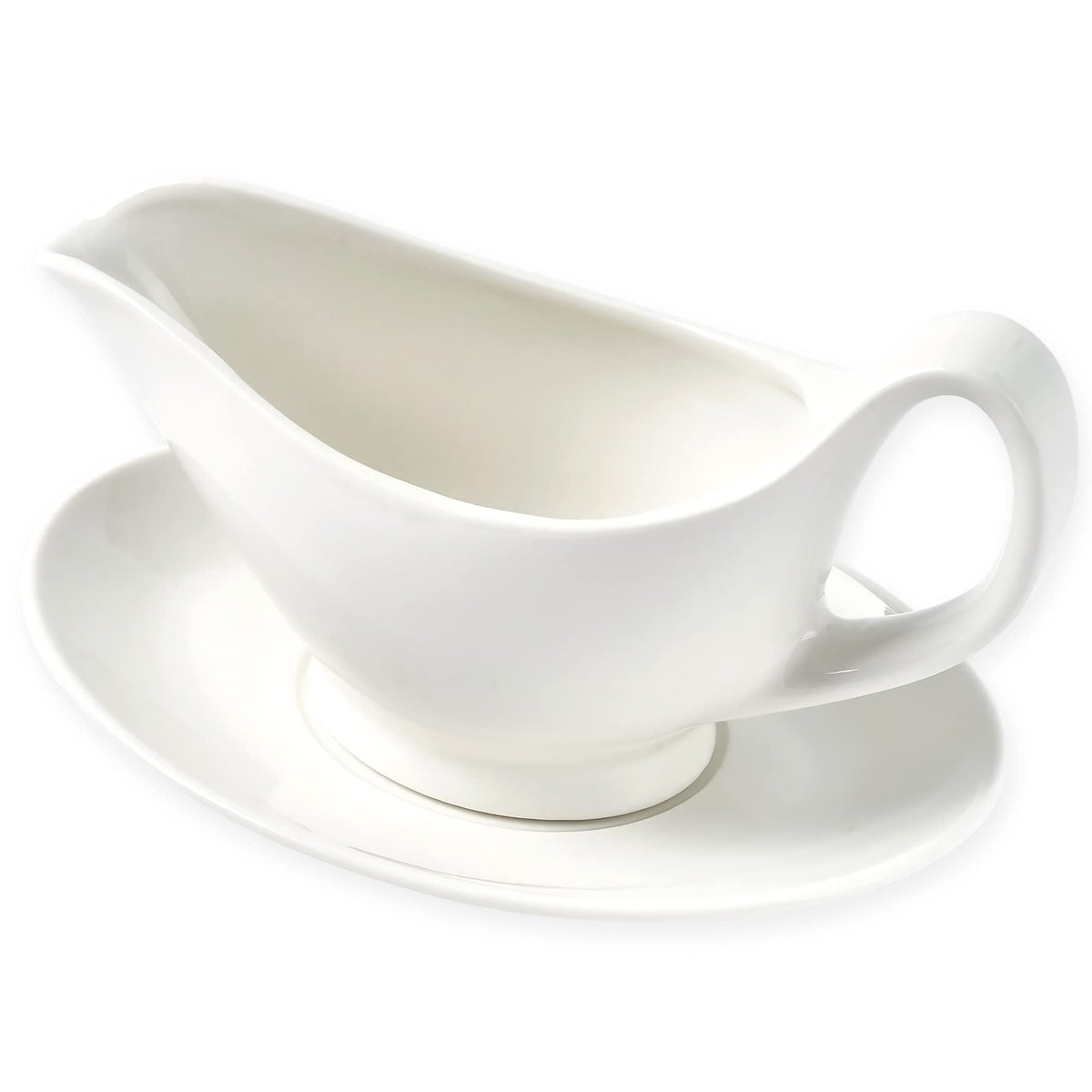Dinnerlit gravy boat with saucer in white, 16oz, for elegant sauce serving.