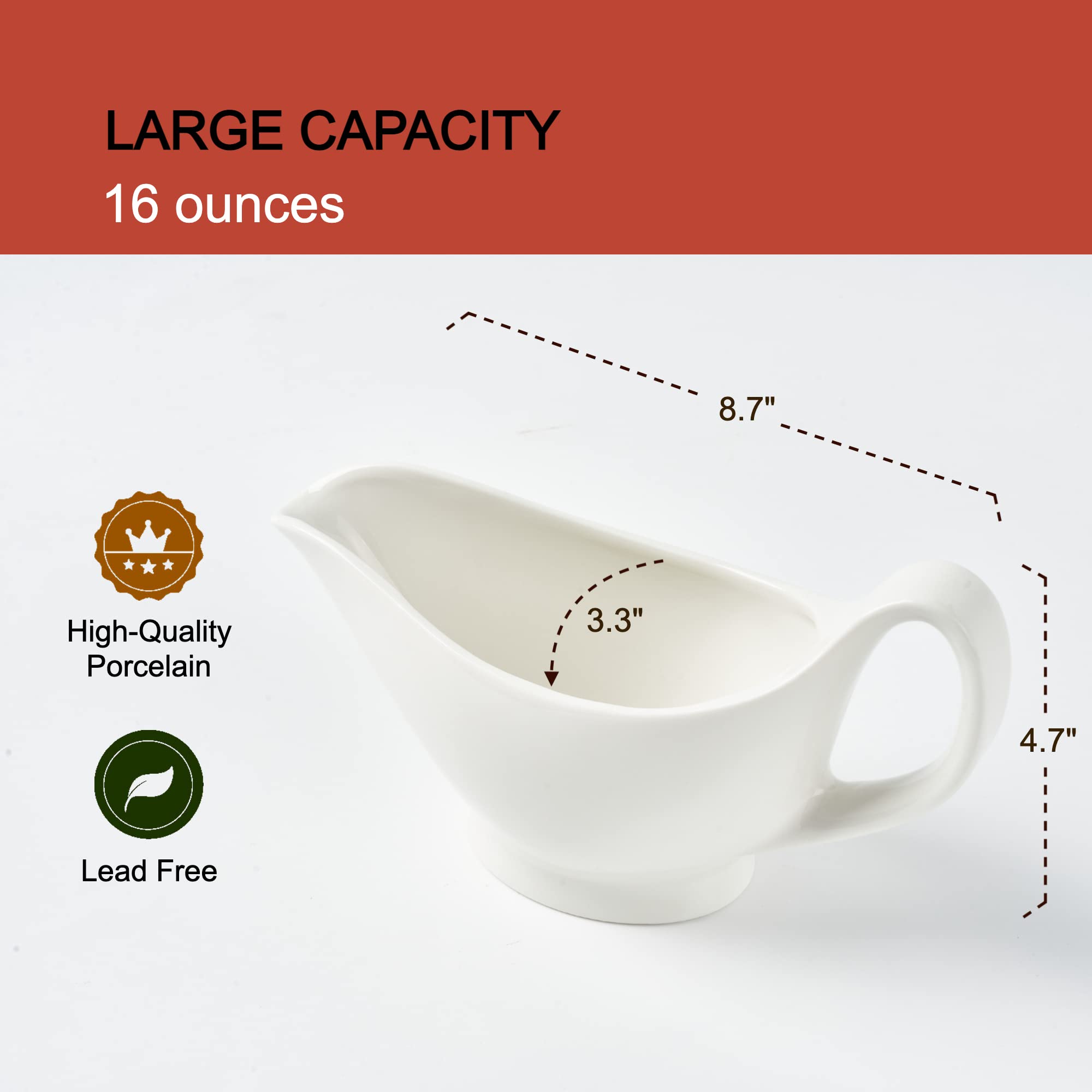 Dinnerlit porcelain sauce boat with dripless spout for cleaner pouring.