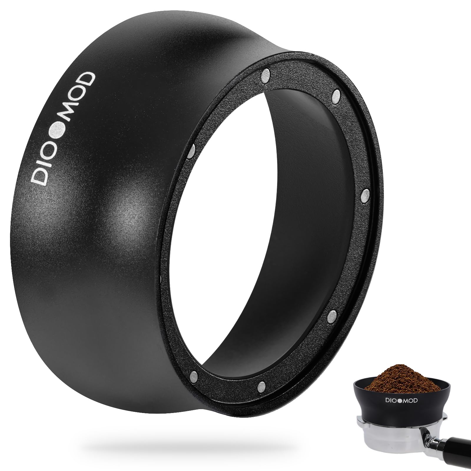 Dioomod 54mm magnetic dosing funnel locks onto espresso handle for a secure pour