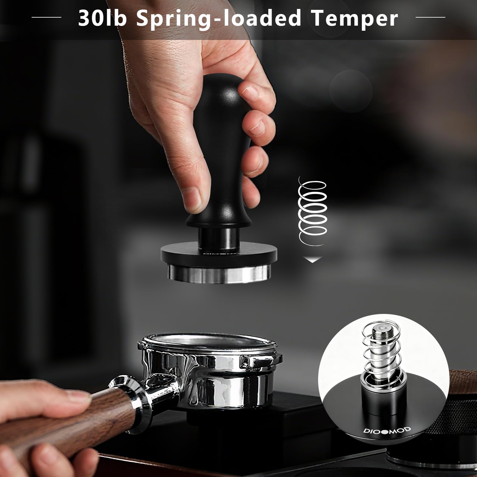 Dioomod 54mm espresso tamper top view highlights precise alignment