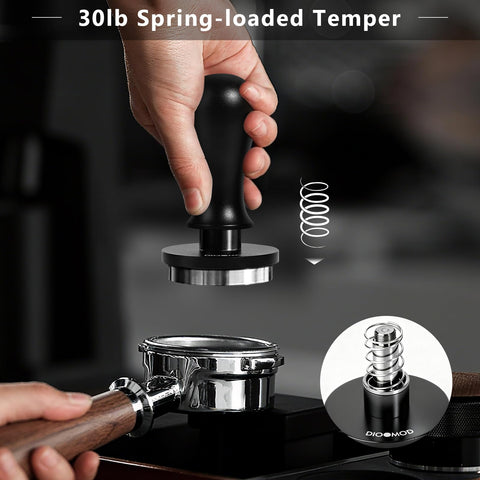 Dioomod 54mm espresso tamper top view highlights precise alignment