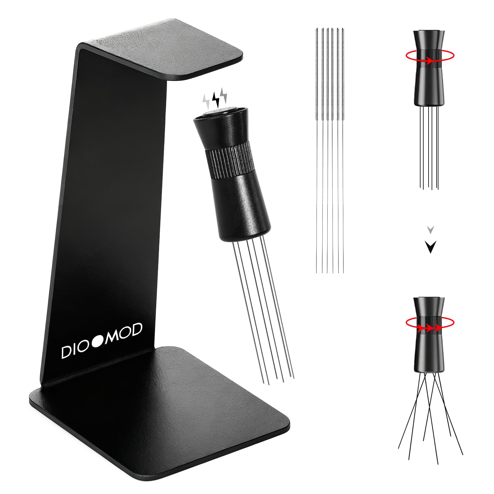 Dioomod Espresso WDT Tool with magnetic stand secures on metal surfaces for quick access