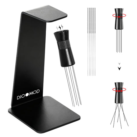Dioomod Espresso WDT Tool with magnetic stand secures on metal surfaces for quick access
